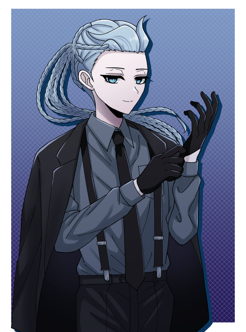 1boy absurdres black_gloves black_necktie black_pants blue_eyes border braid braided_ponytail collared_shirt cowboy_shot glove_pull gloves grey_hair grey_shirt highres long_hair male_focus necktie outside_border pants popopo_t9 shirt smile solo suspenders tribe_nine white_border zero_(tribe_nine)