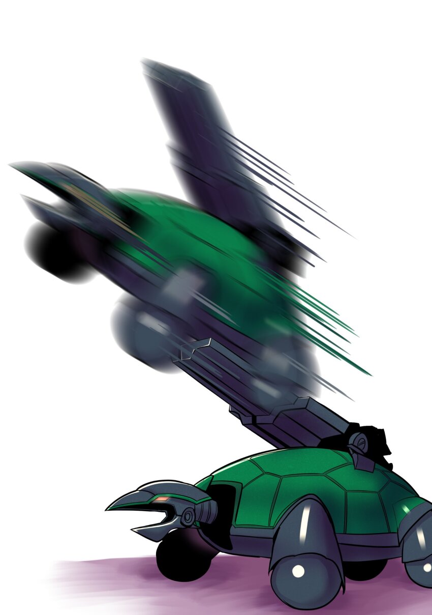 absurdres all_fours catapult_turtle duel_monster full_body glowing glowing_eyes go_madare highres launching motion_blur motion_lines non-humanoid_robot orange_eyes robot robot_animal shell simple_background speed_lines turtle white_background yu-gi-oh!