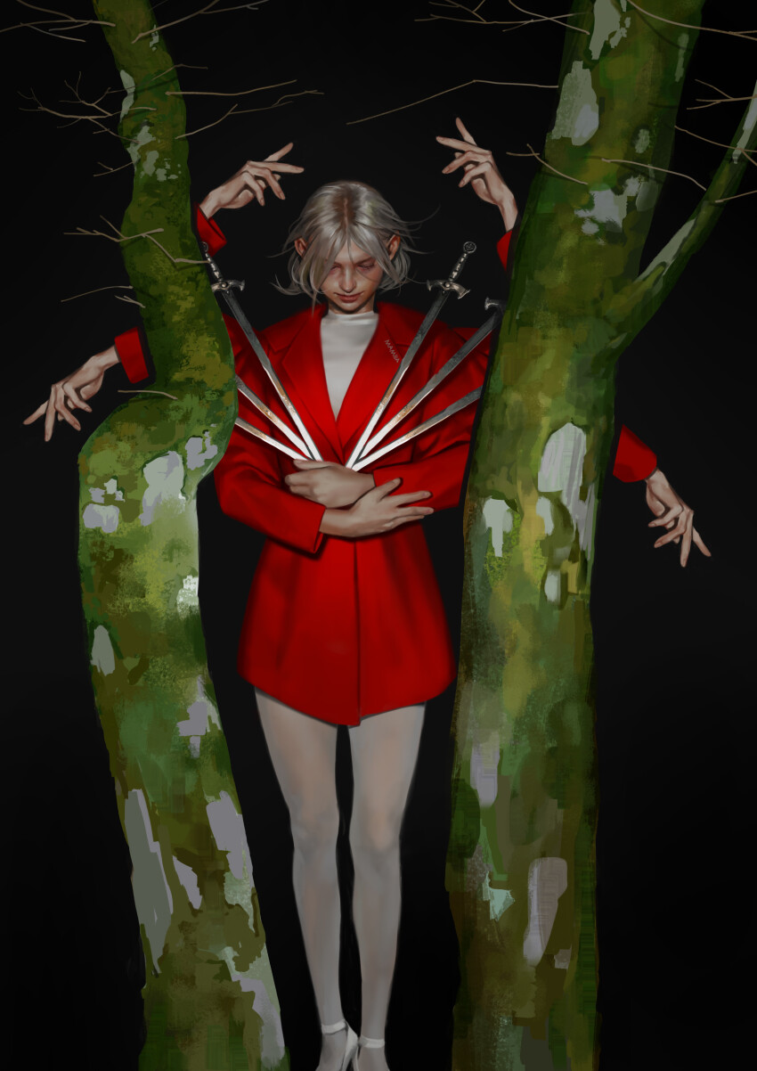 1girl absurdres arms_up bare_tree black_background bob_cut closed_eyes closed_mouth dress extra_arms facing_down feet_out_of_frame fold-over_collar grey_hair hand_on_blade hands_up high_heels highres holding holding_blade holding_sword holding_weapon lapels light_smile long_sleeves mam_ba multiple_weapons original painterly pantyhose parted_hair realistic red_dress see-through_pantyhose shirt shoes short_dress short_hair simple_background standing straight-on sword tree turtleneck turtleneck_shirt weapon white_pantyhose white_shirt white_shoes