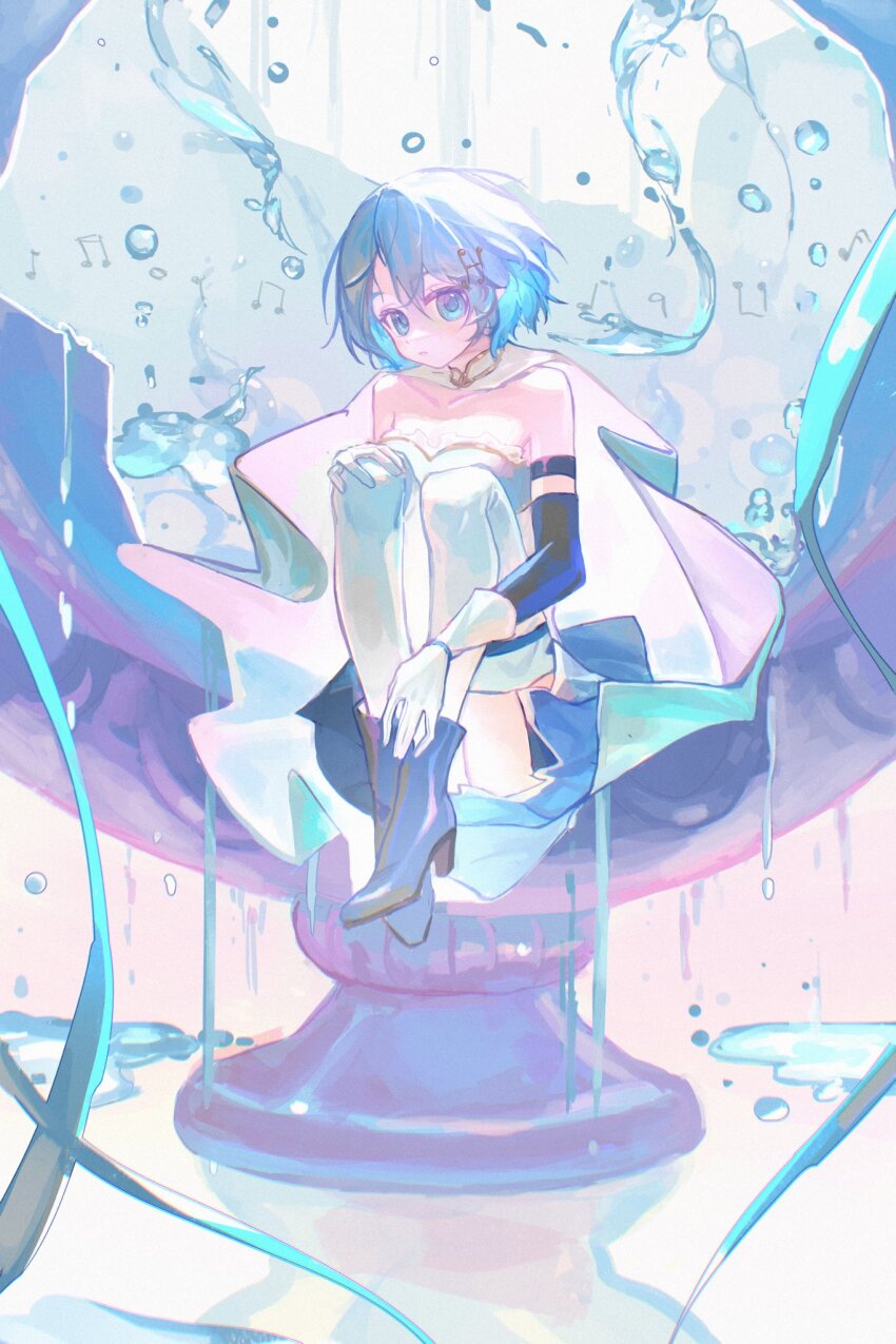 1girl bare_shoulders beamed_eighth_notes blue_boots blue_eyes blue_hair boots cape commentary fortissimo gloves hair_ornament highres knees_up magical_girl mahou_shoujo_madoka_magica mahou_shoujo_madoka_magica_(anime) miki_sayaka miki_sayaka_(magical_girl) musical_note musical_note_hair_ornament short_hair sitting solo symbol-only_commentary thighhighs water white_cape white_gloves white_thighhighs wusubamineko