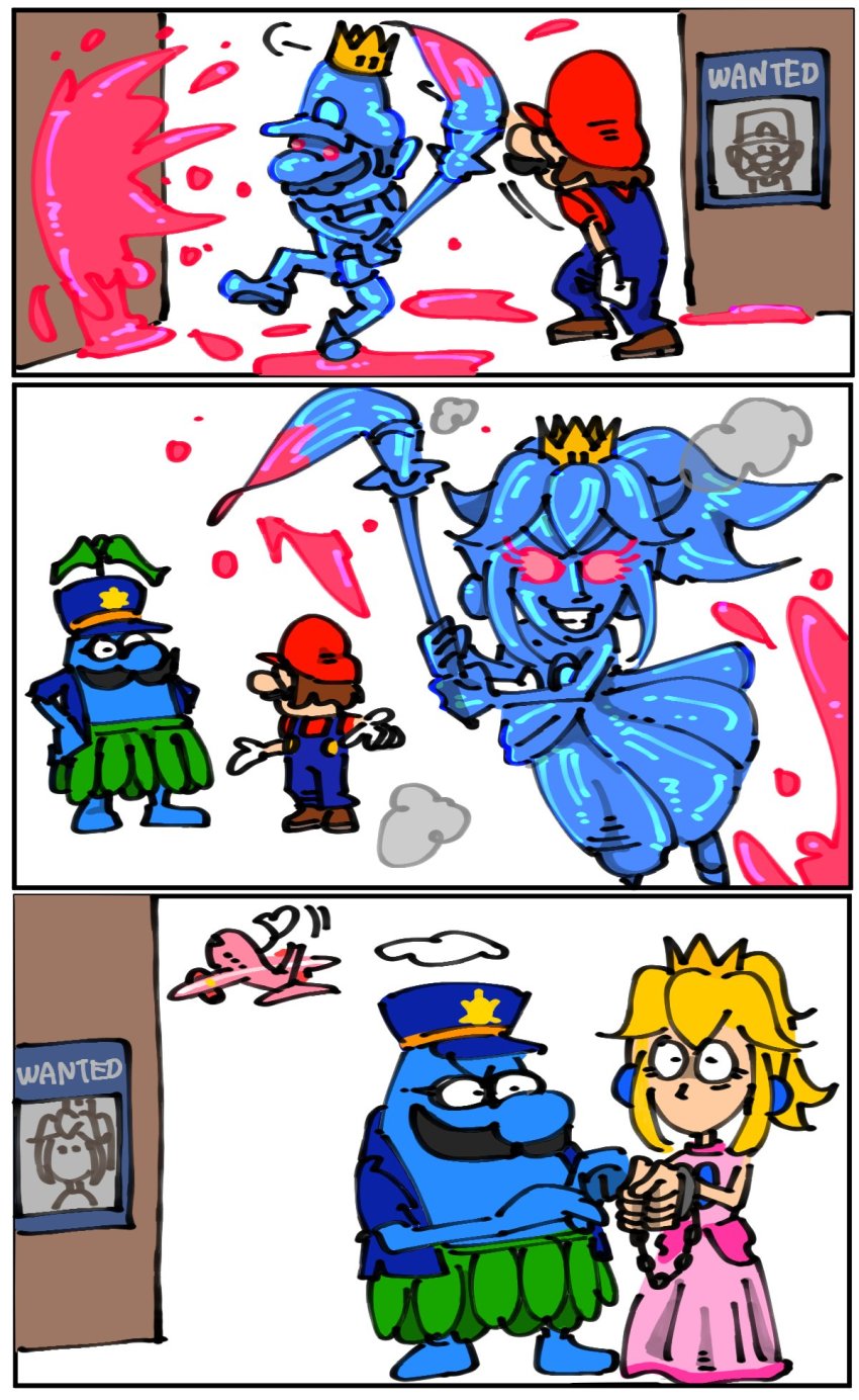 1girl 3boys aircraft airplane brown_hair comic facial_hair hat highres mario mario_(series) multiple_boys mustache new_super_mario_bros._u_deluxe nintendo overalls paintbrush parody pianta pointing princess_peach red_hat shadow_mario short_sleeves silent_comic super_crown super_mario_sunshine wanted_poster waving