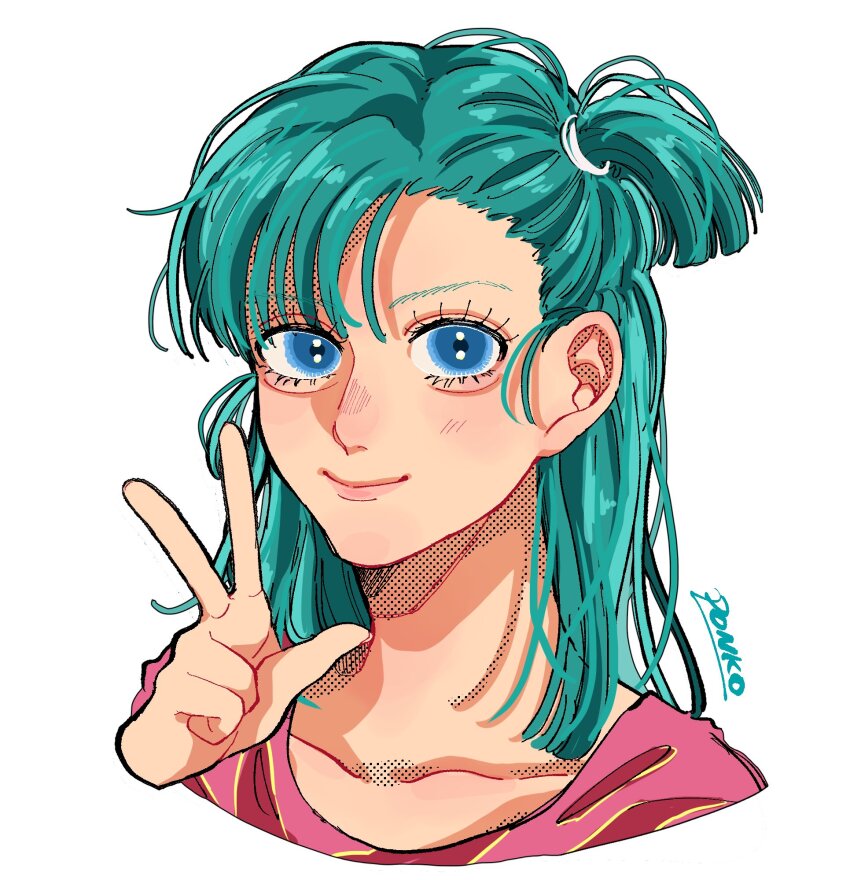 1girl aegyo_sal aqua_hair blue_eyes bulma closed_mouth commentary_request dragon_ball eyelashes hair_tie highres looking_at_viewer medium_hair pink_shirt ponko517 shirt side_ponytail signature simple_background smile solo white_background