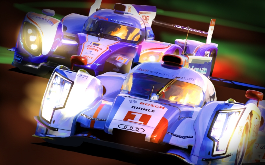 audi audi_r18 car circuit_de_la_sarthe glowing highres kirishima_juukougyou le_mans_prototype michelin michelin_man motor_vehicle race_vehicle racecar racing spoiler_(automobile) sponsor toyota toyota_ts030 vehicle_focus