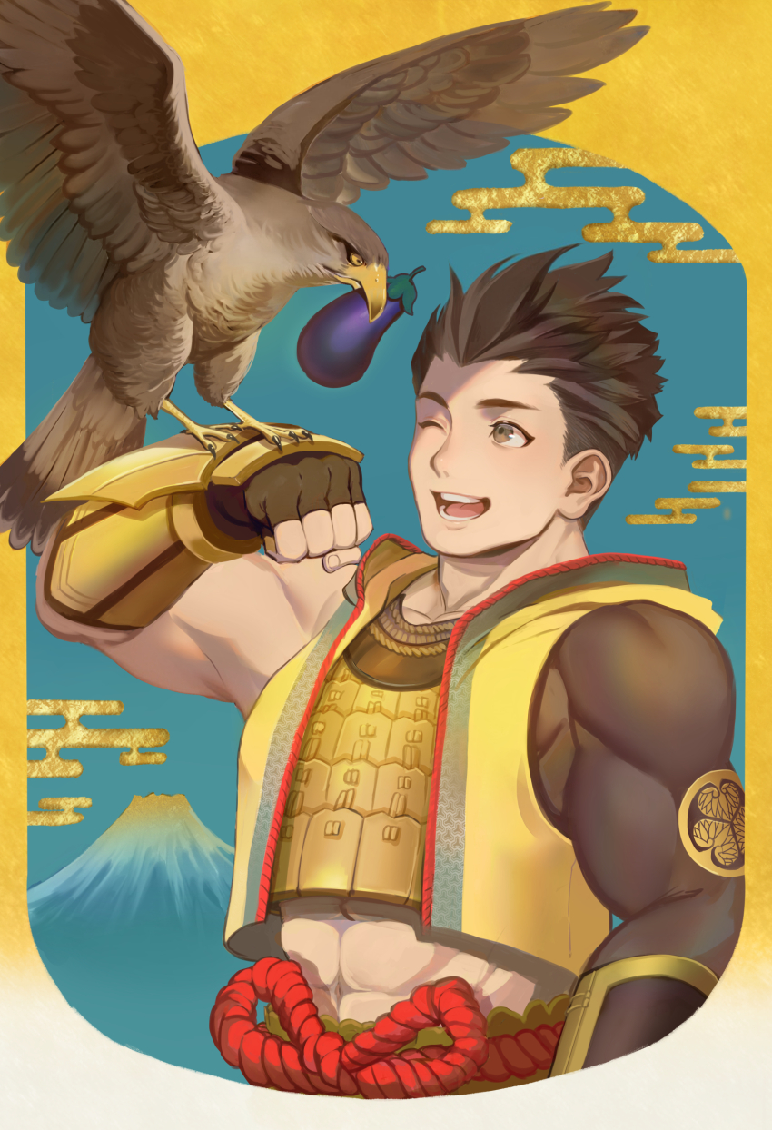 11t 1boy :d abs absurdres animal_on_arm asymmetrical_sleeves beak_hold bird bird_on_arm brown_gloves brown_hair cropped_jacket eggplant fingerless_gloves gloves hawk highres jacket looking_at_animal male_focus midriff mount_fuji mouth_hold new_year one_eye_closed open_mouth sengoku_basara short_hair sleeveless sleeveless_jacket smile solo spiked_hair tokugawa_ieyasu_(sengoku_basara) uneven_sleeves upper_body yellow_jacket