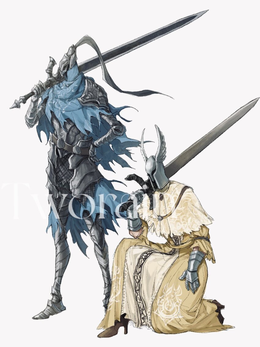 2boys armor artist_name artorias_the_abysswalker belt black_armor blue_cape brown_shoes cape commentary commission dark_souls_(series) dark_souls_i dress english_commentary full_armor full_body gauntlets hand_on_own_hip helmet high_heels highres holding holding_sword holding_weapon male_focus multiple_boys on_one_knee over_shoulder shoes silver_armor silver_knight_(dark_souls) simple_background standing sword sword_over_shoulder tworain_w watermark weapon weapon_over_shoulder white_background winged_helmet yellow_cape yellow_dress