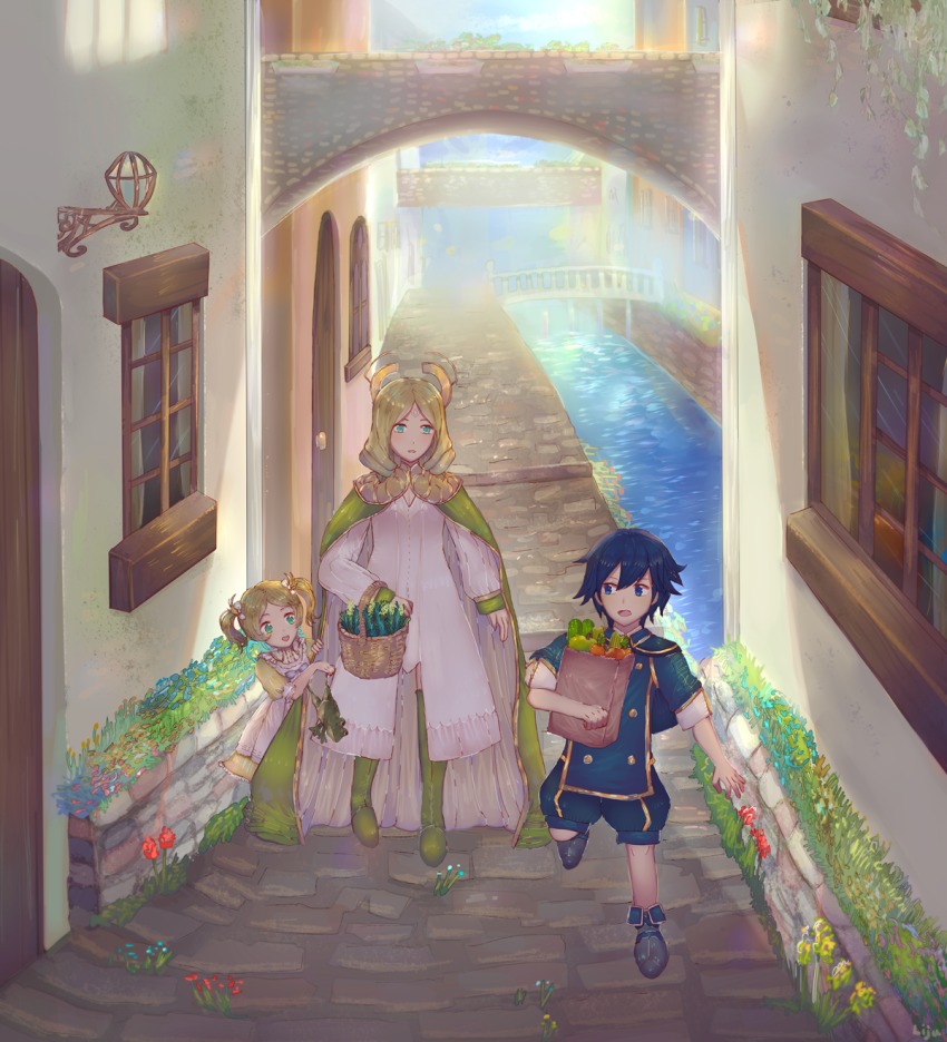 1boy 2girls bag brother_and_sister chrom_(fire_emblem) dress emmeryn_(fire_emblem) fire_emblem fire_emblem_awakening groceries grocery_bag highres holding lijupy lissa_(fire_emblem) multiple_girls nintendo running shopping_bag siblings sisters smile aged_down