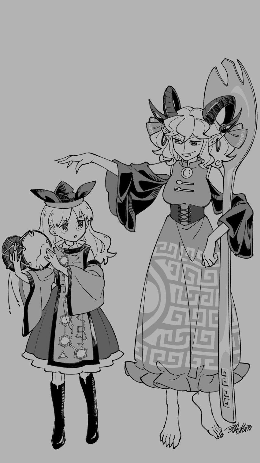 bare_shoulders barefoot boots bow constellation_print corset detached_sleeves dress drum earrings full_body hat height_difference highres hoop_earrings horns instrument jewelry matara_okina medium_hair monochrome patterned_clothing pointy_ears sheep_horns shikido_(khf) short_hair signature smug spork standing tabard touhou toutetsu_yuuma tsuzumi wide_sleeves