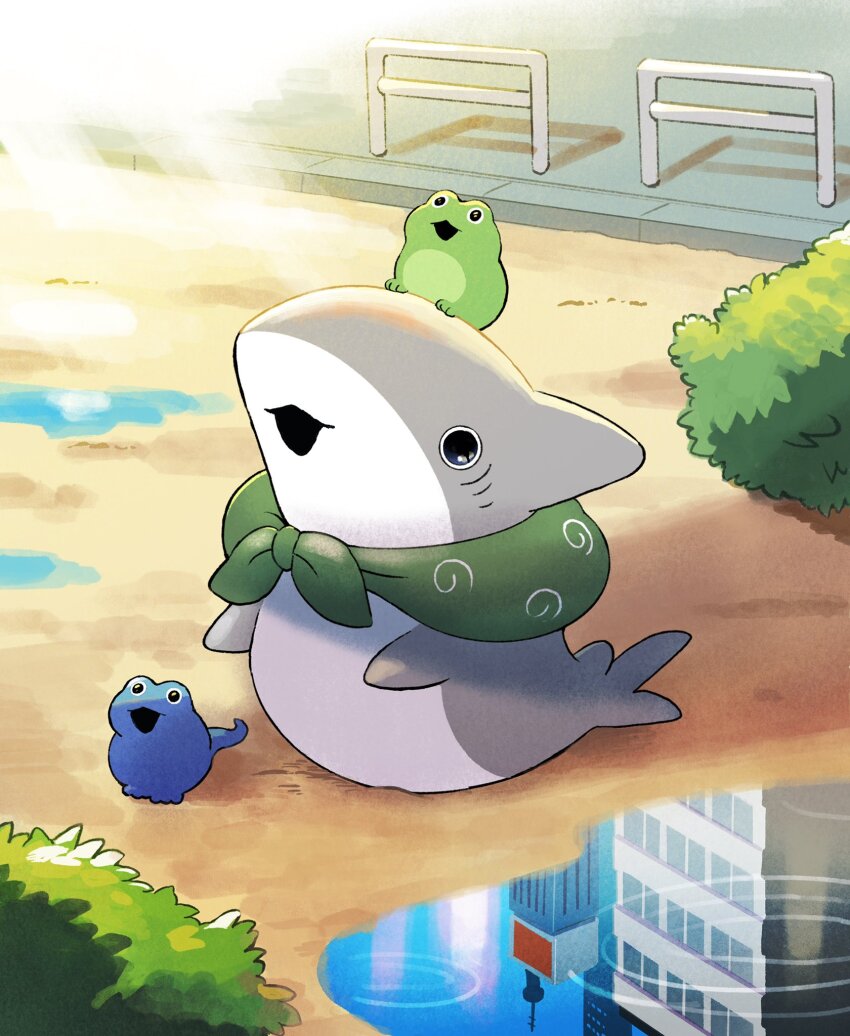 city frog highres lizard odekake_kozame outdoors penguinbox rain shark sun