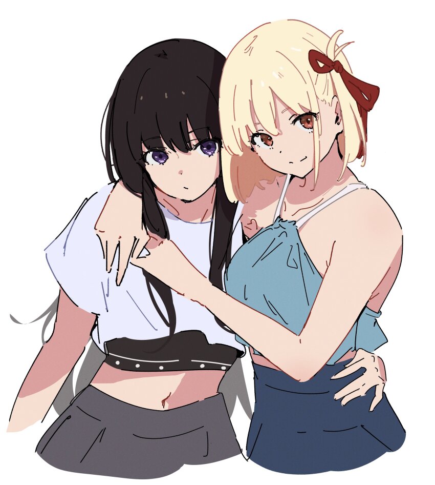 2girls absurdres arm_around_neck atenaba black_hair blonde_hair blue_camisole blue_skirt breasts camisole closed_mouth collarbone cow grey_skirt hair_ribbon hand_on_own_hip highres inoue_takina long_hair looking_at_viewer lycoris_recoil medium_breasts midriff multiple_girls navel nishikigi_chisato one_side_up purple_eyes red_eyes red_ribbon ribbon shirt short_hair sidelocks simple_background skirt white_background white_shirt yuri
