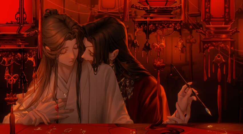 2boys absurdres beads bishounen black_hair bracelet brown_hair butterfly_ornament calligraphy calligraphy_brush calligraphy_paper chinese_clothes closed_eyes couple curtained_hair dark_background darkness earrings eyelashes facing_viewer hair_bun hair_flowing_over hand_on_another&#039;s_chest hand_on_another&#039;s_wrist hand_rest hand_up hanfu hanging_lantern highres holding holding_brush holding_calligraphy_brush holding_paintbrush hua_cheng hug hug_from_behind indoors jewelry lantern light_smile long_eyelashes long_hair long_sidelocks lotus_ornament male_focus multiple_boys necklace nuzzle o-ring paintbrush parted_bangs parted_lips puffy_lips red_hanfu red_theme ring ring_necklace side-by-side sidelocks silver_bracelet silver_earrings simple_background single_hair_bun sitting straight_hair string string_around_finger string_of_fate table tassel thick_eyelashes tianguan_cifu turning_head upper_body very_long_hair warm_colored white_hanfu xie_lian yaoi yaopei yuumeenoo0222