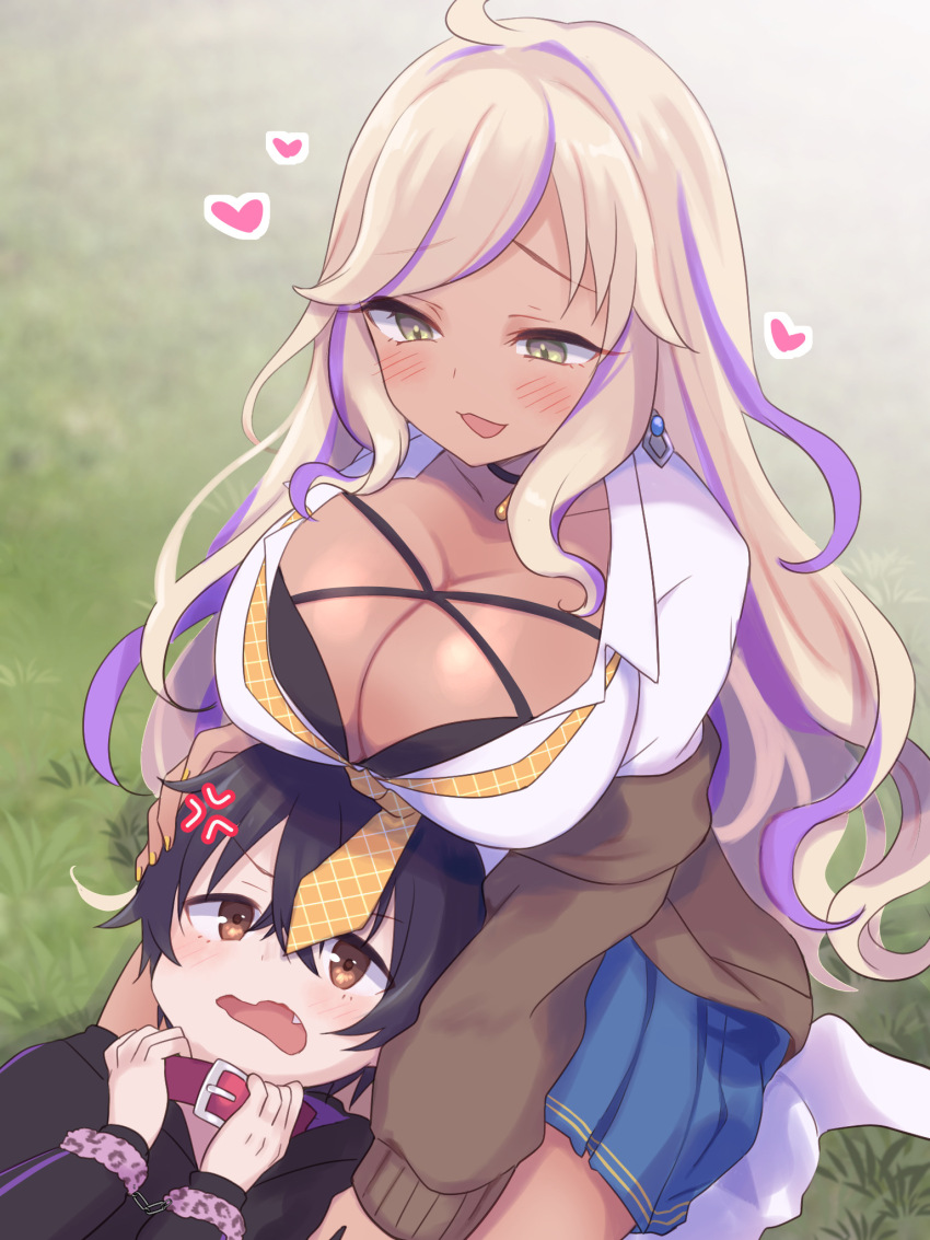 1boy 1girl age_difference ahoge anger_vein belt belt_collar black_bra black_hair black_hoodie blonde_hair blue_skirt blurry blurry_background bra breasts brown_cardigan brown_eyes cardigan cleavage collar collarbone curly_hair dark_skin earrings fang grass gucchiann hair_between_eyes hand_on_another&#039;s_head heart highres holding hood hoodie huge_breasts jewelry kariza_(princess_connect!) kariza_(real)_(princess_connect!) lap_pillow long_hair long_sleeves looking_at_another loose_socks multicolored_hair nea_(princess_connect!) nea_(real)_(princess_connect!) necktie on_grass onee-shota open_mouth outdoors plaid_clothes plaid_skirt princess_connect! purple_hair seiza shirt shota sitting skirt socks thighs two-tone_hair underwear wavy_mouth white_shirt white_socks yellow_eyes yellow_necktie