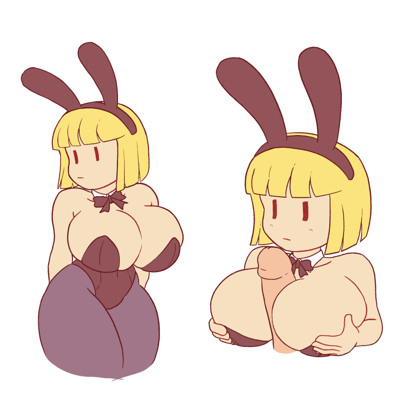 1girl black_bow black_bowtie black_leotard blonde_hair bob_cut bow bowtie breasts cleavage closed_mouth collarbone cropped_legs detached_collar dozo_gon expressionless hetero highres huge_breasts large_breasts leotard mob_face nichijou paizuri paizuri_under_clothes pantyhose penis playboy_bunny rabbit_ears sekiguchi_yuria short_hair thick_thighs thighs |_|