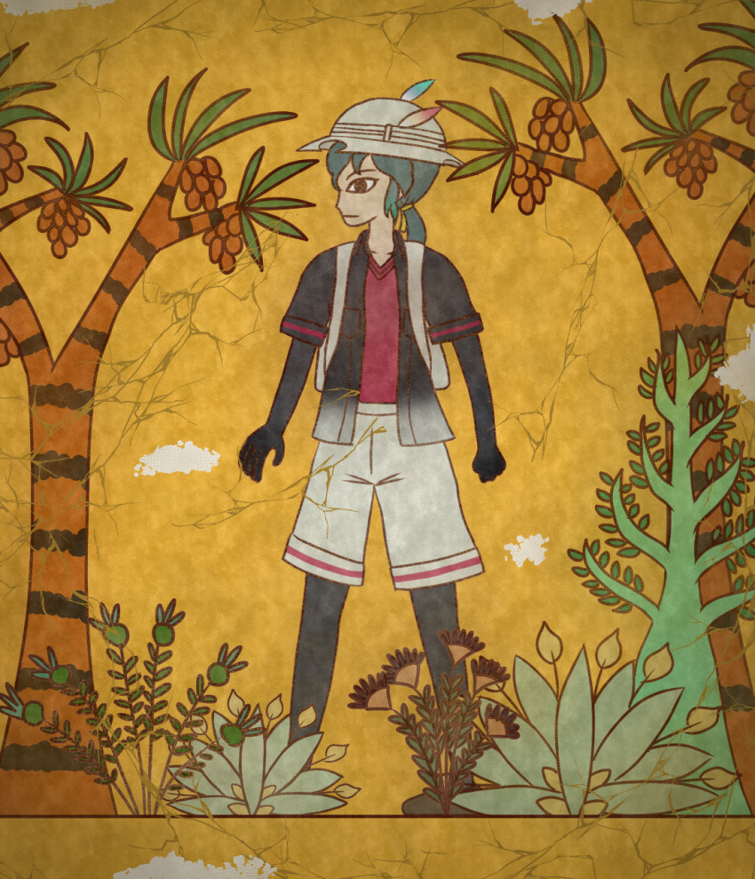 1girl aged_up backpack bag black_gloves black_jacket black_pantyhose clenched_hand commentary_request crack egyptian_art elbow_gloves female_focus full_body gloves green_hair hat hat_feather highres jacket kaban_(kemono_friends) kemono_friends kita_(7kita) long_hair pantyhose pantyhose_under_shorts plant ponytail profile red_shirt shirt short_sleeves shorts solo spoilers tree white_shorts
