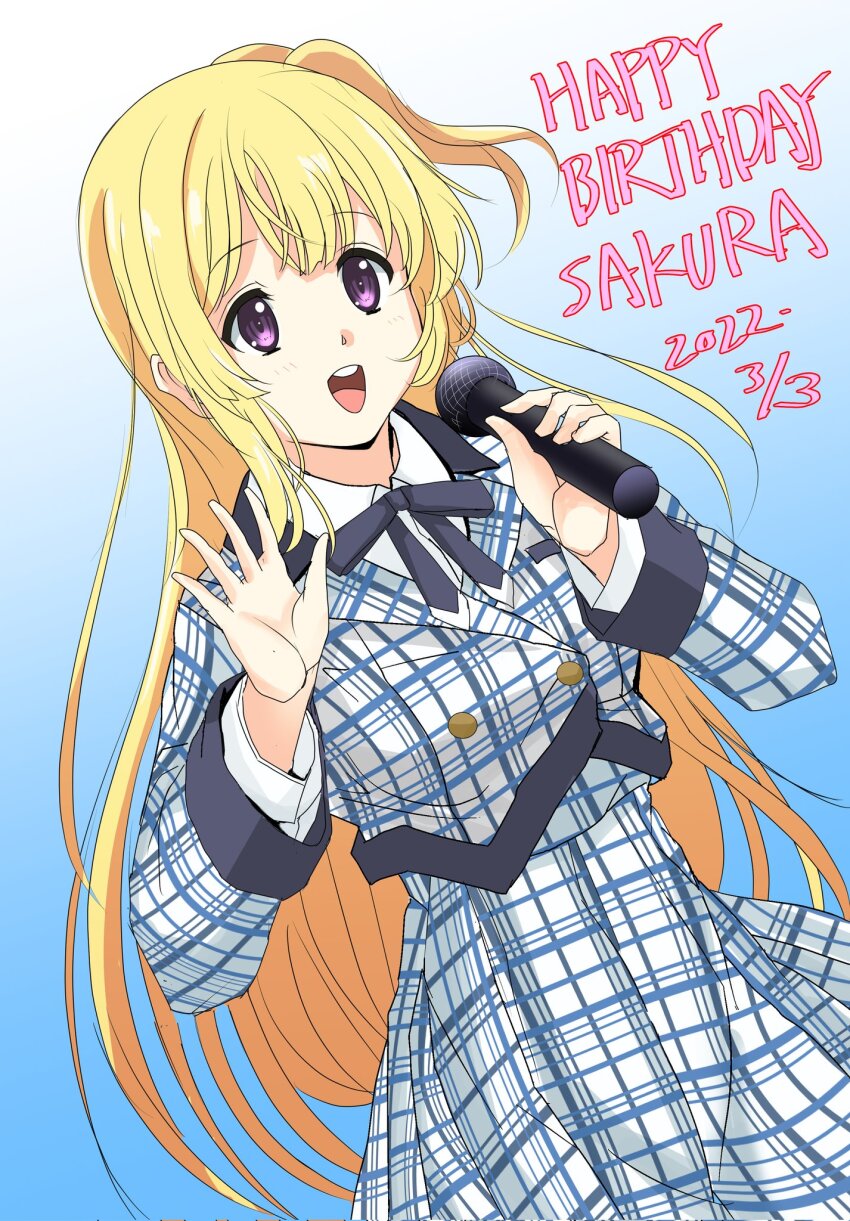 1girl 22/7 blonde_hair blue_background bow buttons bxtbsy7q76gxh73 cropped_jacket dated double-breasted fujima_sakura happy_birthday highres holding holding_microphone kumorizora_no_mukou_wa_hareteiru long_hair microphone open_mouth purple_eyes smile solo upper_body