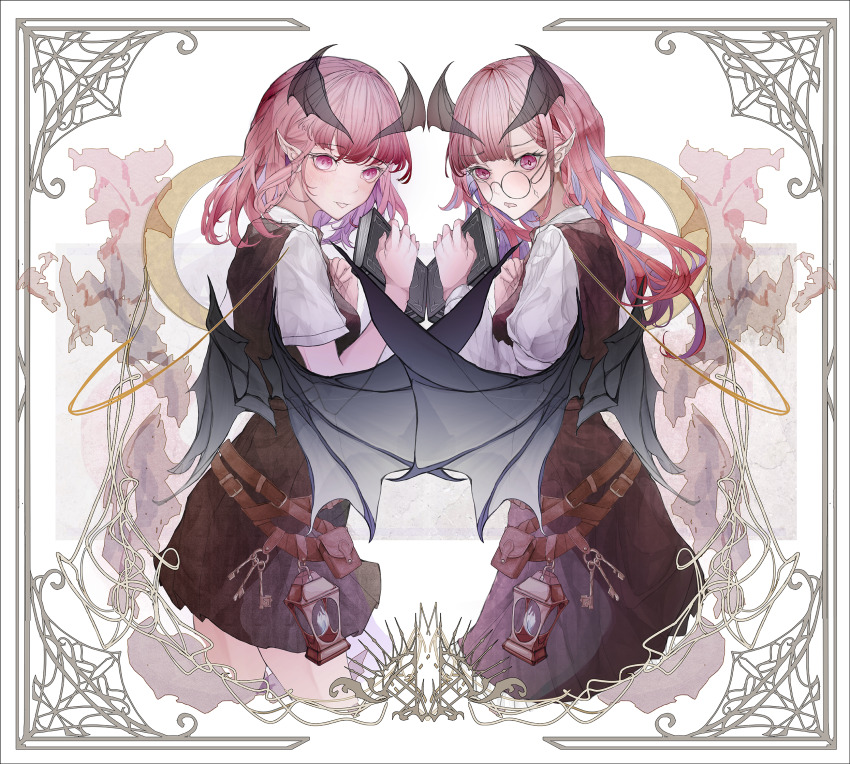 2girls adapted_costume belt belt_buckle belt_pouch black_wings book border breasts brown_belt buckle cowboy_shot demon_wings dress dual_persona fasuka from_side glasses head_wings highres holding holding_book juliet_sleeves key koakuma long_hair long_sleeves looking_at_viewer medium_hair multiple_belts multiple_girls ornate_border parted_lips pinafore_dress pink_eyes pink_hair pointy_ears pouch puffy_sleeves round_eyewear shirt short_sleeves sleeveless sleeveless_dress symmetry touhou white_shirt wings