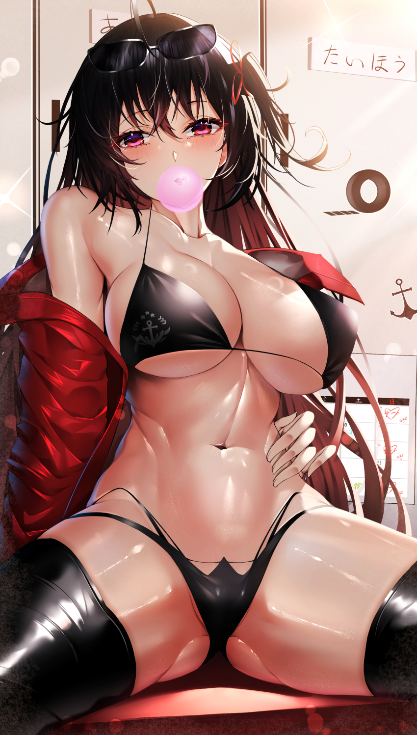 1girl absurdres arm_behind_back azur_lane bare_shoulders bikini black_bikini black_hair black_thighhighs blush breasts cleavage clothes_pull collarbone commentary dated_commentary eyewear_on_head feet_out_of_frame hair_ribbon hand_on_own_stomach highres jacket jacket_pull large_breasts long_hair looking_at_viewer misa_pika navel official_alternate_costume open_clothes open_jacket open_mouth purple_eyes race_queen red_jacket ribbon side_ponytail simple_background sitting solo spread_legs stomach sunglasses swimsuit taihou_(azur_lane) taihou_(enraptured_companion)_(azur_lane) thighhighs thighs