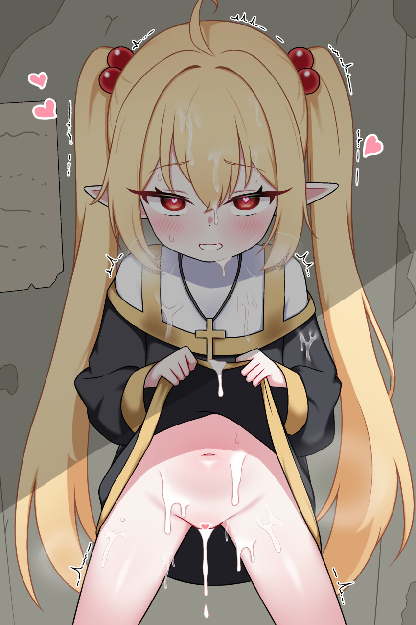 1girl absurdres blonde_hair censored clothes_lift commentary_request cum dress dress_lift hair_bobbles hair_ornament heart highres korean_commentary lifting_own_clothes loli long_hair navel original pointy_ears red_eyes solo twintails zing_(z_z_zing)