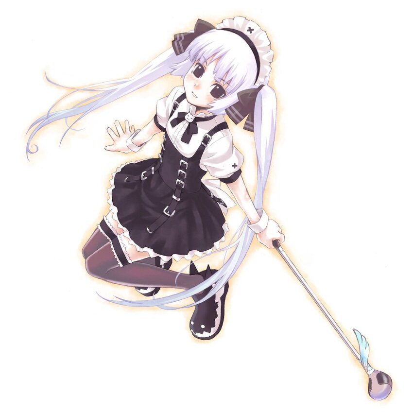 1girl black_eyes blush commentary dress full_body golf_club grin hair_ribbon hairband highres holding holding_golf_club kooh lolita_hairband long_hair looking_at_viewer neck_ribbon nyaou pangya pinafore_dress puffy_short_sleeves puffy_sleeves ribbon short_sleeves sleeveless_dress smile solo thighhighs twintails very_long_hair white_hair wrist_cuffs