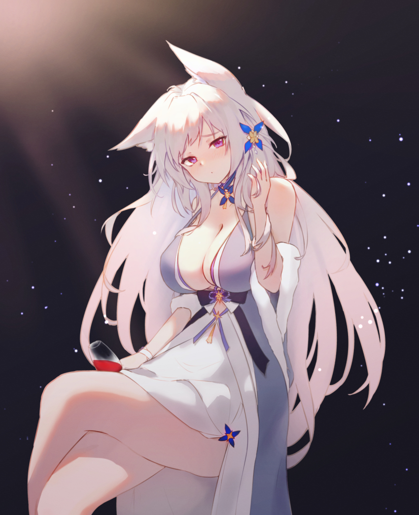 1girl animal_ear_fluff animal_ears azur_lane blue_dress breasts center_opening cleavage cocktail_dress cup dress drinking_glass evening_gown floating fox_ears halter_dress halterneck highres holding holding_cup kitsune large_breasts crossed_legs looking_at_viewer official_alternate_costume purple_eyes ru_yan shinano_(azur_lane) shinano_(dreams_of_the_hazy_moon)_(azur_lane) sitting sleeveless sleeveless_dress white_hair wine_glass