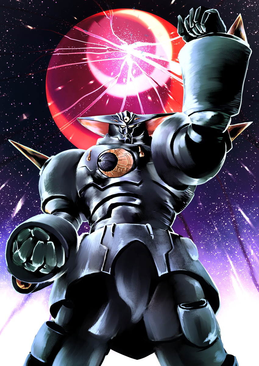 absurdres arm_up clenched_hand crescent facing_viewer highres mikazuki_zero moon outdoors red_moon shoulder_spikes sky spikes standing star_(sky) starry_sky tekkouki_mikazuki tihiro tokusatsu yellow_eyes