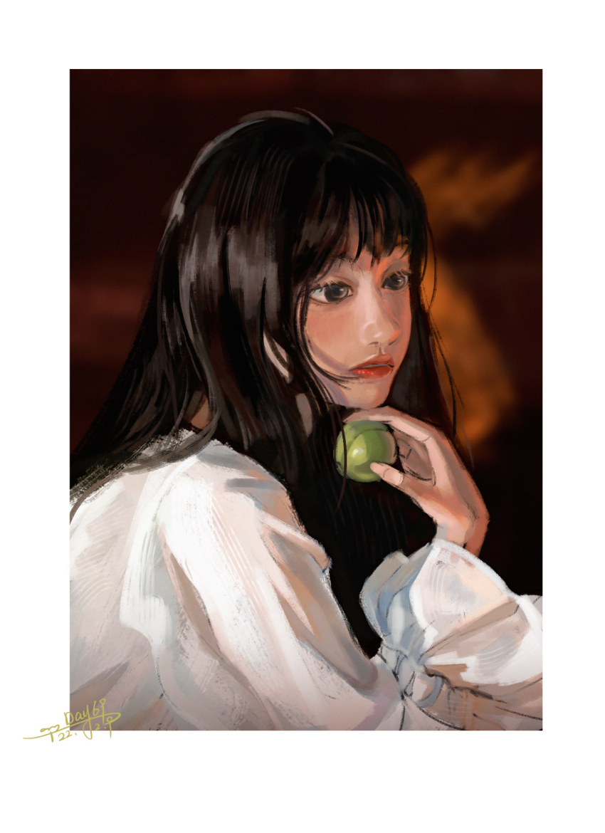 1girl black_background black_eyes black_hair blurry blurry_background border chinese_commentary commentary_request dated expressionless eyelashes fingernails food frilled_sleeves frills fruit hair_over_shoulder highres holding holding_food holding_fruit lipstick long_hair long_sleeves looking_ahead makeup one-hour_drawing_challenge original parted_lips red_lips sanshui_guantang shirt signature solo upper_body white_border white_shirt