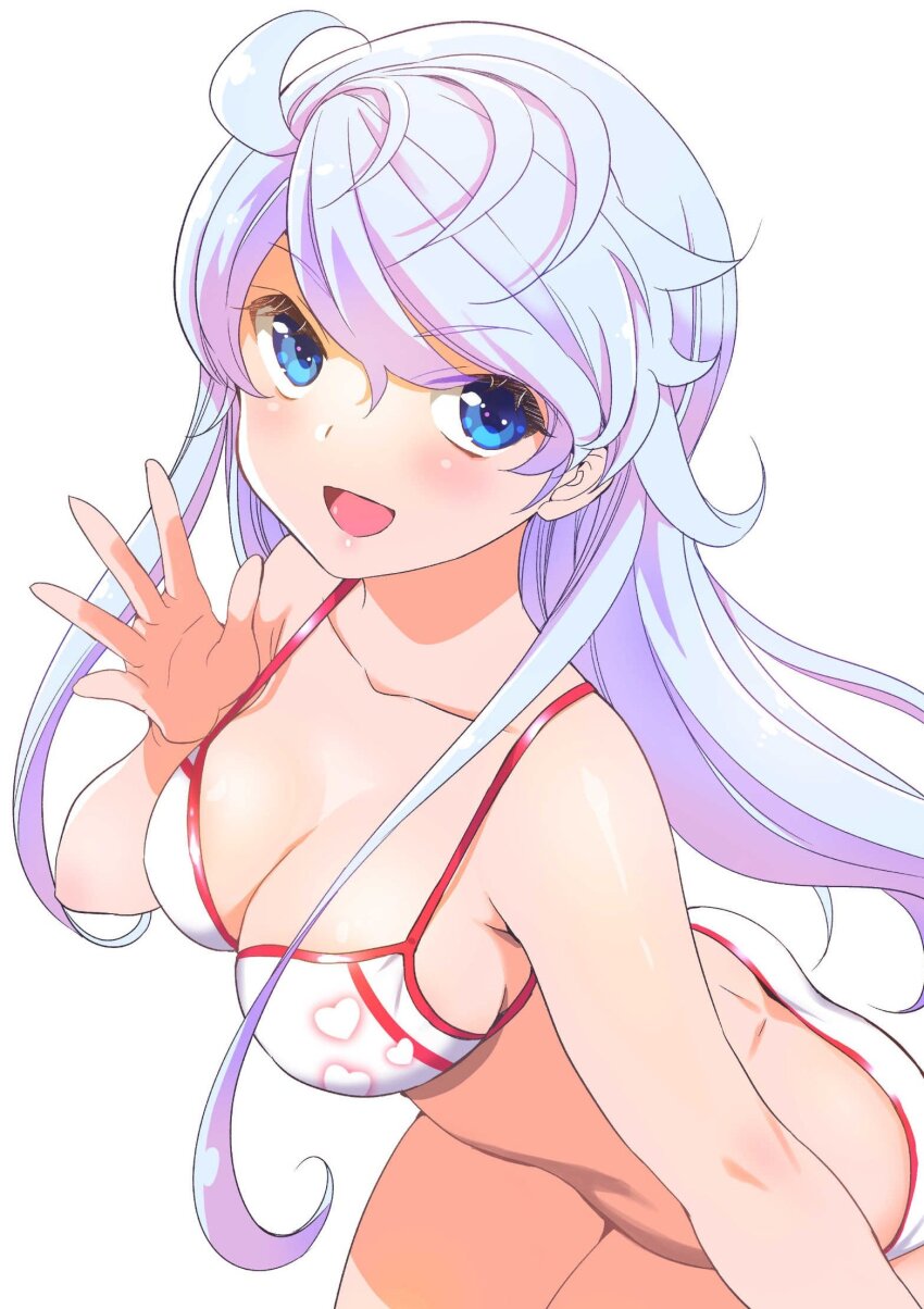 1girl bikini blue_eyes blush boku_no_kanojo_wa_sasuga_desu. breasts commentary_request dimples_of_venus highres inoue_sora long_hair looking_at_viewer medium_breasts open_mouth sasuga_ayame smile solo swimsuit white_bikini white_hair