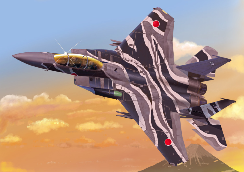2others aircraft airplane animal_print canopy_(aircraft) cloud commentary decal f-15_eagle f-15j flying helmet i.t.o_daynamics japan_air_self-defense_force japan_self-defense_force jet lens_flare looking_to_the_side military military_vehicle mount_fuji multiple_others orange_sky pilot pilot_helmet pilot_suit real_life realistic sky tiger_print vehicle_focus