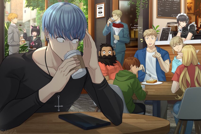 4girls 6+boys ? animal_ears beard black_choker black_dress black_hair black_jacket black_shirt blonde_hair blue_archive blue_hair blue_jacket blue_pants bouquet bread bread_slice brown_eyes brown_hair cafe cake cake_slice cat_ears cat_girl chair chilchuck_tims choker closed_eyes colored_inner_hair cup disposable_coffee_cup disposable_cup dress dungeon_meshi earrings elf ellen_joe english_text extra_ears facial_hair falin_touden fins fish_tail flower food fork formal_clothes grey_jacket grey_pants grey_suit halo highres holding holding_bouquet holding_cup holding_fork holding_plate inverted_cross_necklace jacket jewelry kazusa_(blue_archive) laios_touden long_hair low_twintails maid_headdress marcille_donato menu_board mob_psycho_100 multicolored_hair multiple_boys multiple_girls notice_lines one-punch_man open_mouth orange_hair orange_shirt pants pink_eyes pink_hair plate pointing pointing_at_another pointy_ears pudding rappa_(sirrappa) red_flower reigen_arataka senshi_(dungeon_meshi) shark_girl shark_tail shirt short_hair sitting spy_x_family stud_earrings suit sweet_mask table tail toast twilight_(spy_x_family) twintails white_halo yellow_eyes zenless_zone_zero