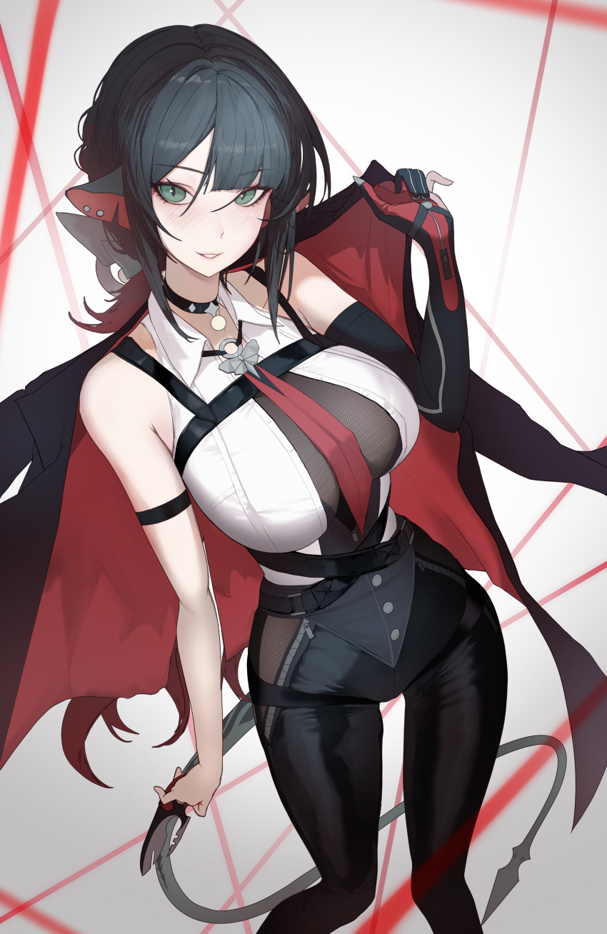 1girl absurdres animal_ears arm_strap bare_shoulders black_choker black_gloves black_hair black_pants breasts choker collared_shirt commentary cosplay cowboy_shot elbow_gloves evelyn_chevalier evelyn_chevalier_(cosplay) gloves green_eyes high-waist_pants highres holding holding_jacket holding_knife holding_unworn_clothes houh888 jacket jane_doe_(zenless_zone_zero) knife large_breasts light_blush long_hair looking_at_viewer mouse_ears mouse_girl mouse_tail multicolored_hair necktie pants parted_lips red_hair red_necktie sharp_tail shirt single_elbow_glove smile solo tail tight_clothes tight_pants two-tone_hair unworn_jacket white_background white_shirt zenless_zone_zero
