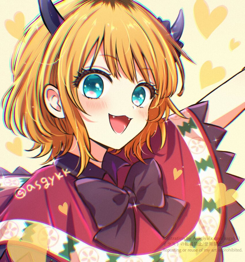 1girl aqua_eyes arm_up asgykk black_bow black_bowtie blonde_hair blush bow bowtie capelet commentary demon_horns fake_horns fangs heart highres horns idol_clothes looking_at_viewer mem-cho multicolored_hair open_mouth oshi_no_ko red_capelet roots_(hair) short_hair simple_background smile solo yellow_background
