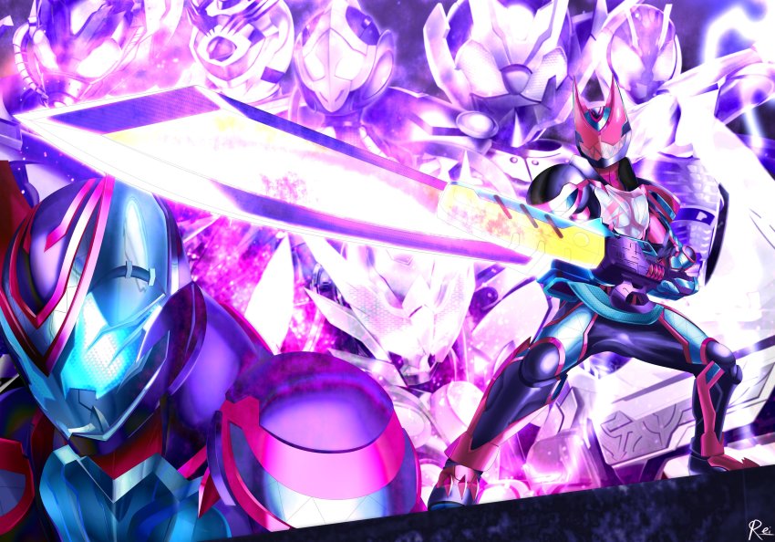 2girls 6+boys absurdres armor blue_armor cobra_(animal) cobra_genome demon demon_boy demon_tail giffard_rex giffard_rex_vistamp gloves highres holy_live kabuto_genome kamen_rider kamen_rider:_beyond_generations kamen_rider_aguilera kamen_rider_century kamen_rider_jeanne kamen_rider_live kamen_rider_revi kamen_rider_revice kamen_rider_ultimate_revi kamen_rider_ultimate_vice kamen_rider_vail kamen_rider_vice kuwagata_genome multicolored_gloves multiple_boys multiple_girls queen_bee queen_bee_genome reiei_8 revice_legacy:kamen_rider_vail stag_beetle sunrise_stance tail