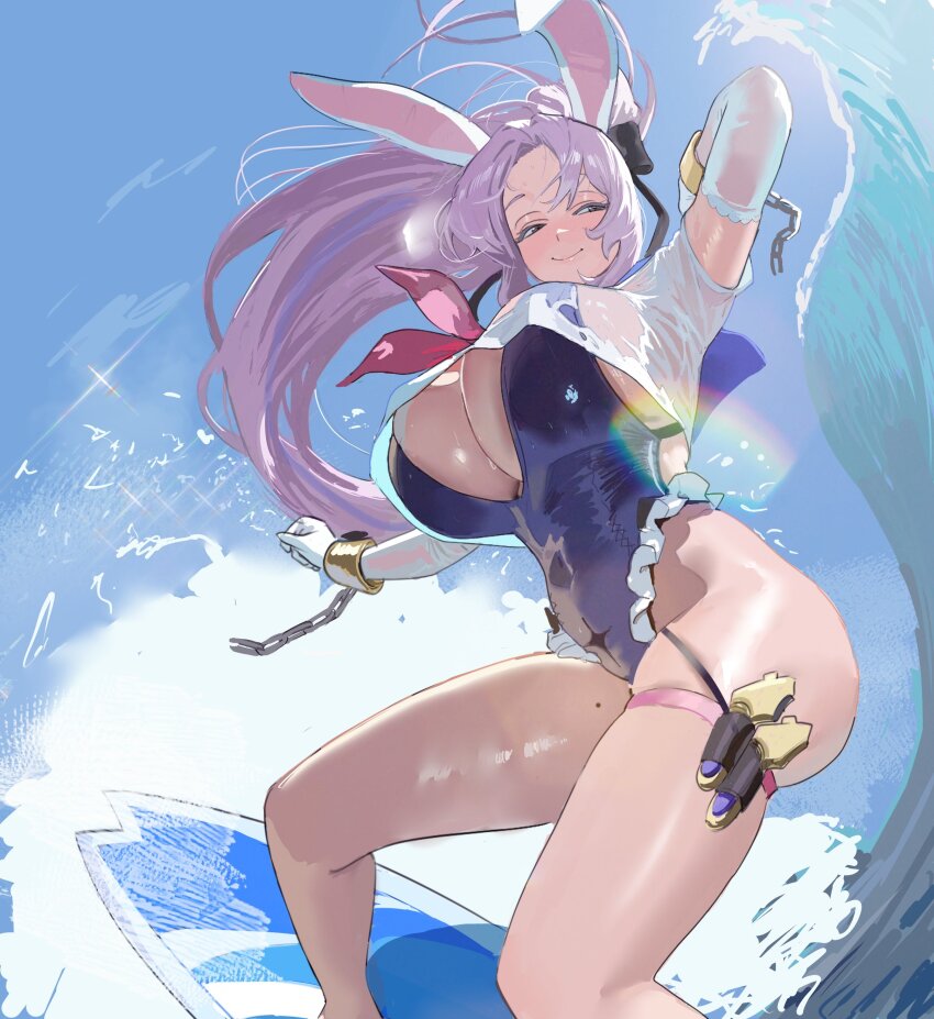 1girl absurdres animal_ears breasts broken broken_chain chain closed_mouth crop_top elbow_gloves from_below gloves hashtag-only_commentary high_ponytail highleg highleg_one-piece_swimsuit highres hintobento large_breasts long_hair neckerchief one-piece_swimsuit outdoors pink_neckerchief ponytail purple_eyes purple_hair rabbit_ears shia_(stella_sora) smile stella_sora surfboard swimsuit thigh_strap water waving wrist_cuffs