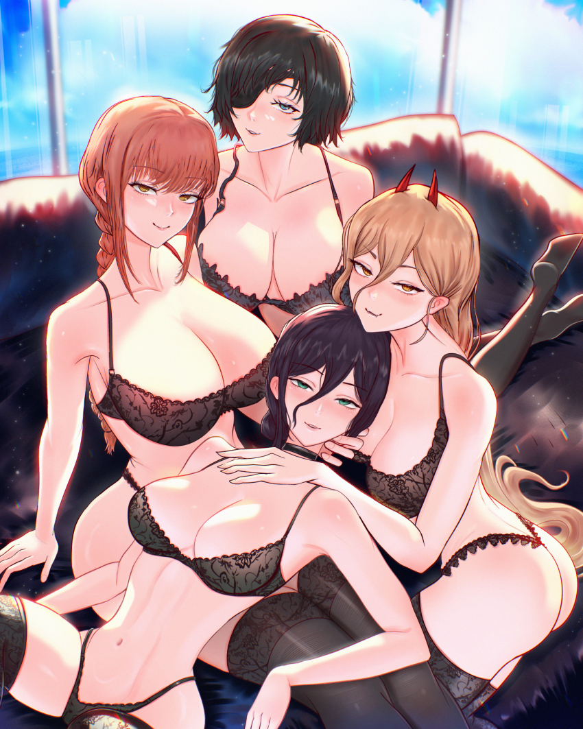4girls ass black_bra black_choker black_hair black_panties black_thighhighs blonde_hair blue_eyes bra braid braided_ponytail breasts chainsaw_man choker cleavage closed_mouth collarbone couch demon_horns eyepatch green_eyes highres himeno_(chainsaw_man) horns large_breasts lingerie long_hair looking_at_viewer makima_(chainsaw_man) mcdobo multiple_girls navel panties parted_lips power_(chainsaw_man) purple_hair red_hair red_horns reze_(chainsaw_man) short_hair smile thighhighs thighs underwear underwear_only window yellow_eyes
