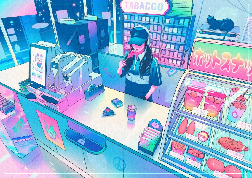 1girl baseball_cap black_hair blue_hat blue_shirt cash_register cashier chicken_(food) cigarette_pack convenience_store corn_dog counter cup disposable_coffee_cup disposable_cup food hat headphones highres holding holding_food long_hair low_twintails neon_palette onigiri original potato_wedges shirt shop skewer store_clerk twintails wacca005