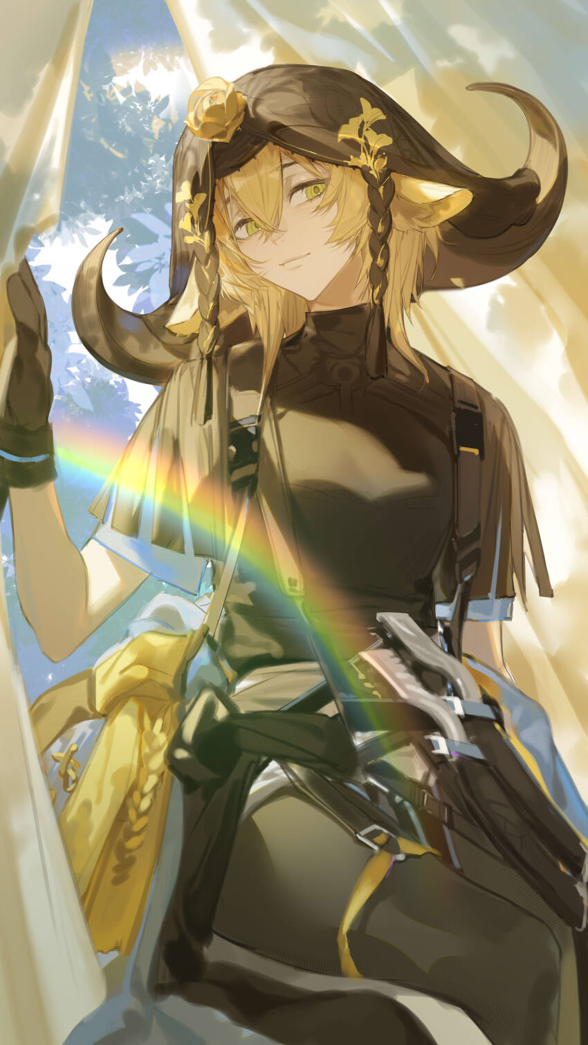 1girl absurdres animal_ears arknights black_pants black_shirt blue_sky breasts brown_hair chinese_commentary commentary_request cow_ears cow_girl cow_horns flower green_eyes hair_flower hair_ornament highres horns long_hair official_alternate_costume pallas_(a_drip_of_orea_and_potamous)_(arknights) pallas_(arknights) pants rainbow shirt sky small_breasts solo yumingtongxue