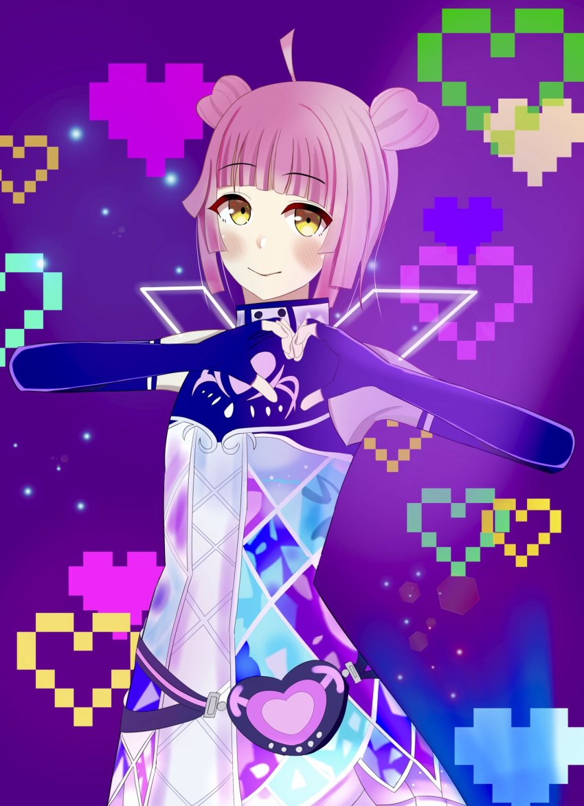 1girl 8-bit alternate_hairstyle analog_heart_(love_live!) artist_name artist_request bag bare_shoulders belt belt_pouch black_gloves blush breasts brown_eyes cross-laced_clothes cross-laced_dress double_bun double_horizontal_stripe dress dress_shirt elbow_gloves fake_wings female_focus fingerless_gloves flat_chest floral_print gloves hair_bun handbag heart heart_(symbol) heart_hands heart_print high_collar highres looking_at_viewer love_live! love_live!_nijigasaki_high_school_idol_club love_live!_school_idol_festival love_live!_school_idol_festival_all_stars miniskirt multicolored_dress parted_lips pink_hair plaid_clothes plaid_skirt pleated pleated_skirt pouch purple_background shirt short_hair skirt sleeveless sleeveless_dress small_breasts smile solo sparkle tennoji_rina white_skirt wings yellow_eyes