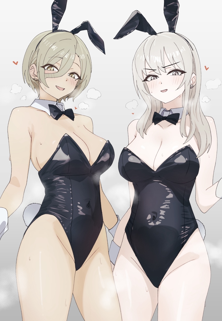 2girls animal_ears black_leotard bow bowtie breasts brown_eyes bunny_day cleavage commentary covered_navel cowboy_shot dark-skinned_female dark_skin detached_collar earclip fake_animal_ears girls_band_cry gradient_background green_hair grey_background grey_eyes grey_hair hair_between_eyes highres kawaragi_momoka large_breasts leotard light_blush long_hair looking_at_viewer loving_aura mole mole_under_eye multicolored_hair multiple_girls n_nai_nai_n open_mouth playboy_bunny rabbit_ears rabbit_tail raised_eyebrows roots_(hair) rupa_(girls_band_cry) shiny_clothes short_hair smile steaming_body strapless strapless_leotard sweat tail v-shaped_eyebrows white_wrist_cuffs wrist_cuffs