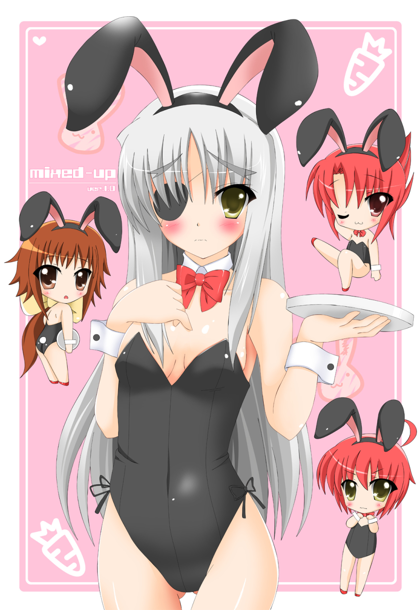 00s 4girls animal_ears bare_legs censored chibi cinque_(nanoha) dieci_(nanoha) eyepatch fake_animal_ears flat_chest highres kannagi_tsukasa long_hair lyrical_nanoha mahou_shoujo_lyrical_nanoha mahou_shoujo_lyrical_nanoha_strikers multiple_girls nove_(nanoha) numbers_(nanoha) playboy_bunny rabbit_ears silver_hair wendi_(nanoha) yellow_eyes