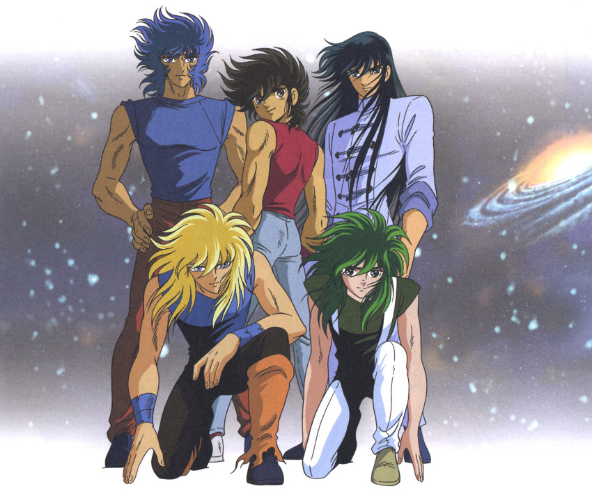 5boys 80s absurdres andromeda_shun black_hair blonde_hair blue_hair brown_hair cygnus_hyouga dragon_shiryuu fog galaxy green_hair highres multiple_boys muscular muscular_male official_art oldschool pants pegasus_seiya phoenix_ikki retro_artstyle saint_seiya shoes space space_background white_background