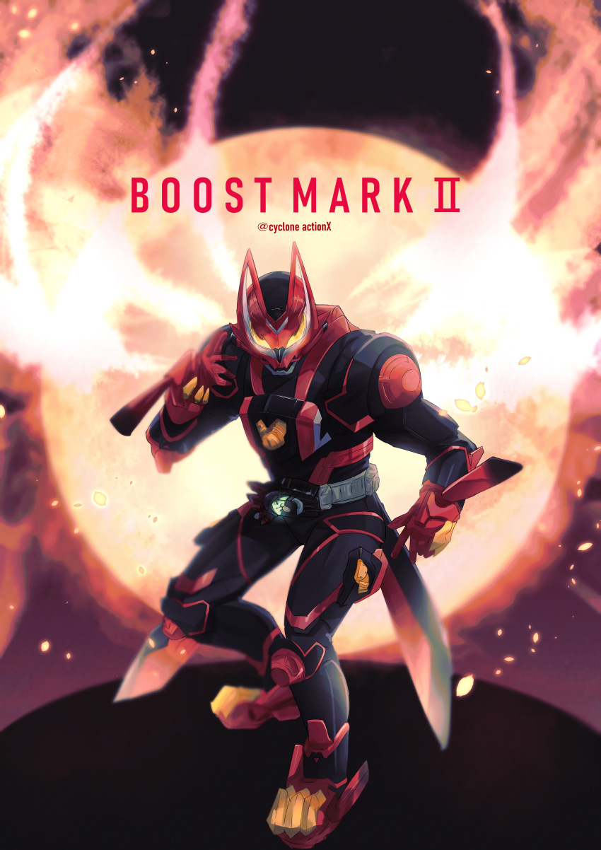 1boy absurdres armor black_armor black_bodysuit bodysuit boost_mark_ii_buckle character_name cycloneactionx desire_driver fighting_stance finishing_move fire fox_mask gloves glowing glowing_eyes highres incoming_attack kamen_rider kamen_rider_geats kamen_rider_geats_(series) kamen_rider_geats_boost_mark_ii kitsune male_focus mask orange_eyes raise_buckle red_gloves shoulder_armor solo tokusatsu twitter_username