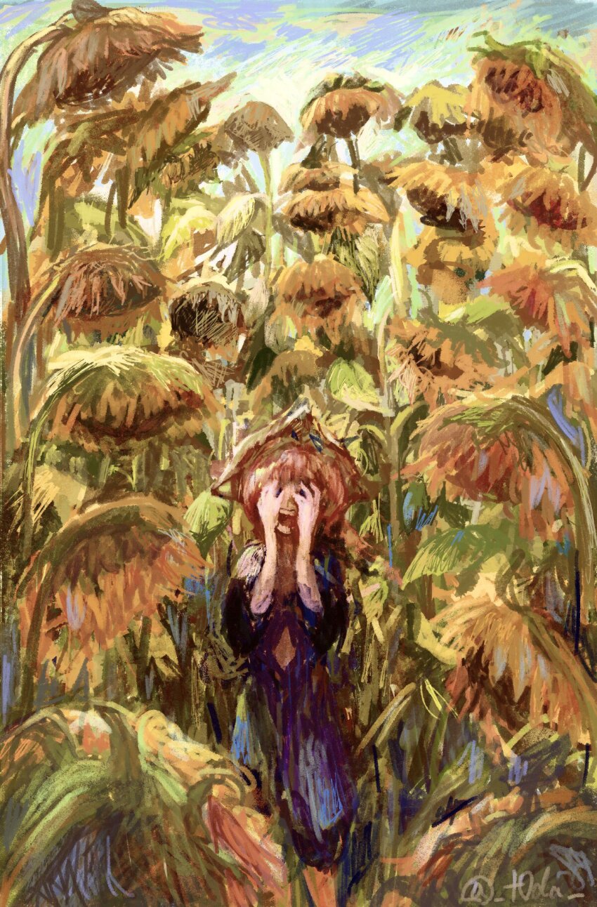 1girl artist_name black_dress blue_dress covering_own_eyes day dress facing_viewer fate/grand_order fate_(series) flower hands_up highres medium_hair open_mouth outdoors red_hair screaming solo sunflower t0da teeth upper_teeth_only van_gogh_(fate) van_gogh_(first_ascension)_(fate)