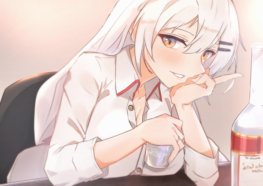 1girl absurdres alcohol blush breasts chair cleavage collarbone cup girls&#039;_frontline hand_on_head highres holding holding_cup ice jewelry long_hair looking_at_viewer muteppona_hito ring shirt silver_hair sitting smile solo stolichnaya_(vodka) svd_(girls&#039;_frontline) table vodka white_shirt yellow_eyes