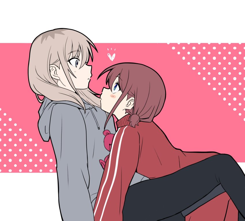 2girls black_pantyhose blue_eyes blush brown_hair closed_mouth commentary eye_contact girls_band_cry grey_hair heart highres hood hood_down iseri_nina jacket kawaragi_momoka lemoontya long_hair long_sleeves looking_at_another low_twintails multicolored_hair multiple_girls pants pantyhose parted_lips red_jacket red_pants roots_(hair) short_hair short_twintails sidelocks symbol-only_commentary twintails yuri