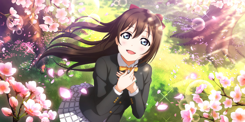 1girl absurdres aqua_eyes artist_name artist_request beamed_quavers black_cardigan black_jacket blue_eyes blush bow breasts brown_hair buttons cardigan checkered_clothes checkered_skirt collared_shirt female_focus floating_hair flower grass hair_between_eyes hair_bow hands_on_own_chest highres jacket long_hair long_sleeves looking_at_viewer love_live! love_live!_nijigasaki_high_school_idol_club love_live!_school_idol_festival love_live!_school_idol_festival_all_stars miniskirt nijigasaki_school_uniform osaka_shizuku outdoors own_hands_together parted_lips pink_flower plaid_clothes plaid_skirt pleated pleated_skirt ponytail quaver red_bow ribbon school_uniform shirt skirt smile solo sunlight wavy_hair white_shirt white_skirt yellow_buttons yellow_neckwear yellow_ribbon