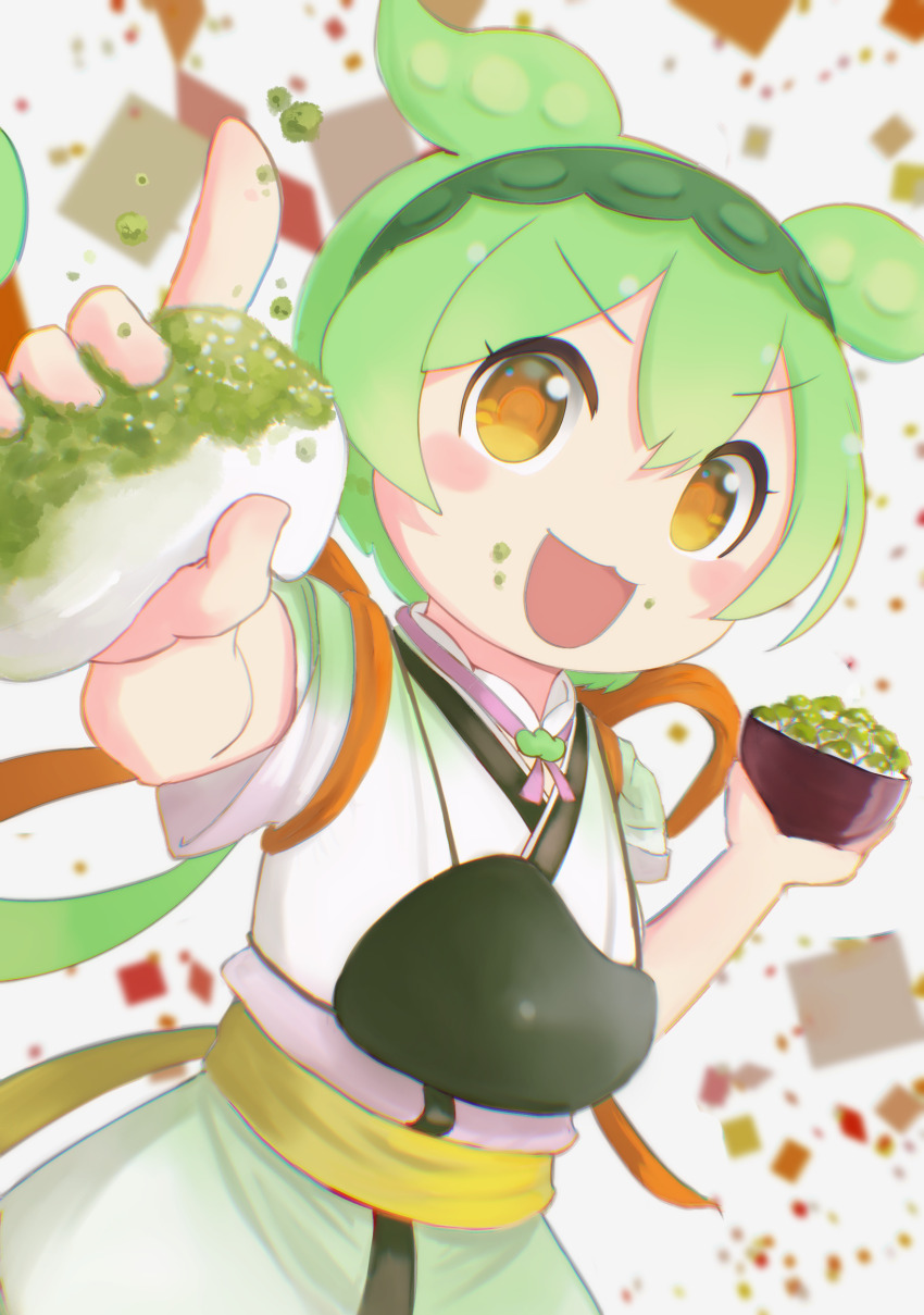 1girl :d absurdres blush bowl commentary_request cosplay cowboy_shot dutch_angle food highres holding holding_bowl holding_food japanese_clothes kimono looking_at_viewer luke_(kyeftss) muneate obi open_mouth pea_pod sash short_hair smile solo touhoku_zunko touhoku_zunko_(cosplay) v-shaped_eyebrows voiceroid voicevox white_background white_kimono yellow_eyes yellow_sash zunda_mochi zundamon