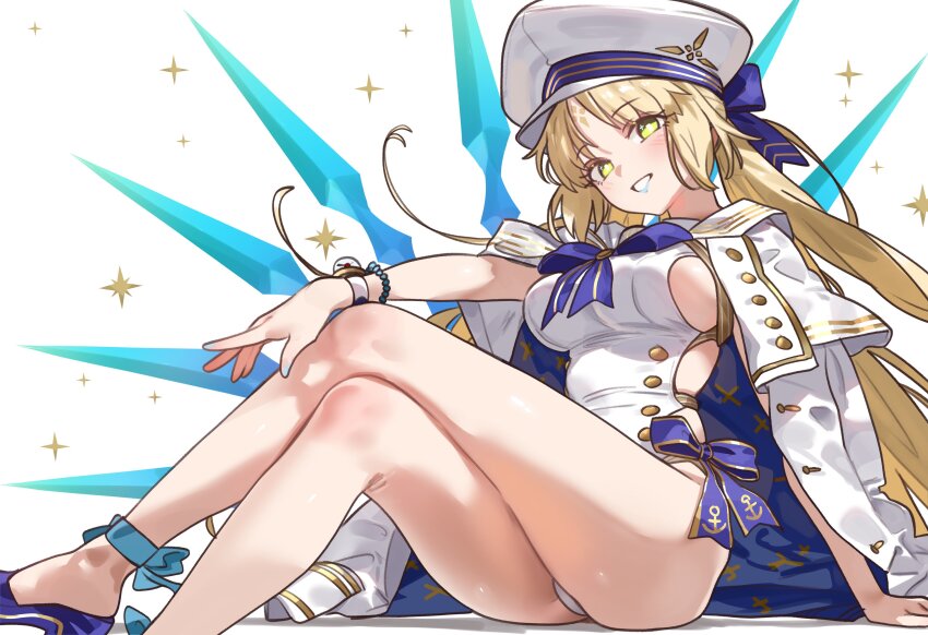 1girl absurdres artoria_caster_(fate) artoria_pendragon_(fate) blonde_hair blue_lips blue_nails breasts commentary crossed_legs ebora fate/grand_order fate_(series) green_eyes hat highres jacket jacket_on_shoulders long_hair looking_at_viewer low_twintails medium_breasts military_jacket parted_lips sideboob sitting smile solo twintails white_hat white_jacket