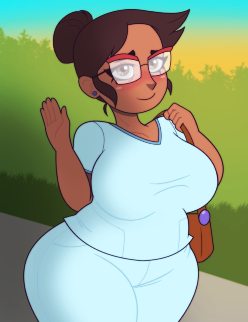 1girl bag blush breasts brown_hair camila_noceda dark-skinned_female dark_skin eyelashes glasses hair_bun handbag highres holding holding_bag large_breasts looking_at_viewer mature_female nurse plump smile solo the_owl_house thick_thighs thighs tonyneely waving_arm wide_hips