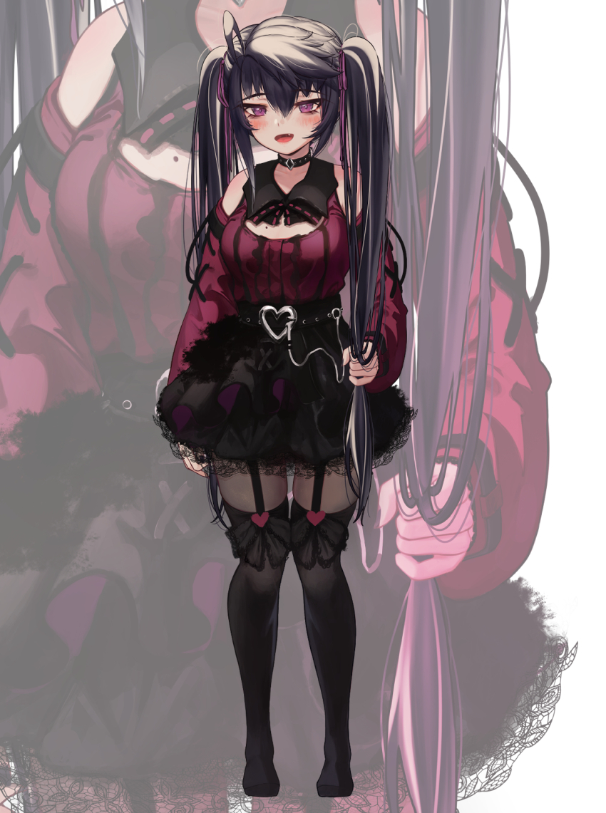 1girl black_choker black_pantyhose black_skirt black_thighhighs blush breasts choker cleavage_cutout clothing_cutout commentary english_commentary fang frilled_shirt frills full_body garter_straps hair_between_eyes heart highres holding holding_own_hair korean_commentary lace_skirt long_hair looking_at_viewer medium_breasts mixed-language_commentary mole mole_on_breast multiple_views open_mouth original pantyhose priite_hari_(torriet) red_eyes red_shirt shirt skirt thighhighs torriet twintails very_long_hair