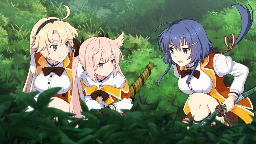 3girls ahoge black_bow black_bowtie black_hairband blonde_hair blue_eyes blue_hair bow bowtie breasts closed_mouth collared_shirt day forest game_cg grass hair_between_eyes hair_ears hair_ornament hairband hairclip holding holding_sword holding_weapon jacket kneeling kohagura_ellen large_breasts long_hair long_sleeves looking_at_another mashiko_kaoru multiple_girls nature non-web_source ootachi open_mouth orange_jacket osafune_girls_academy_school_uniform outdoors pink_hair purple_eyes school_uniform setouchi_chie sheath sheathed shirt sidelocks smile sword toji_no_miko toji_no_miko:_kizamishi_issen_no_tomoshibi tree twintails weapon white_shirt winter_uniform