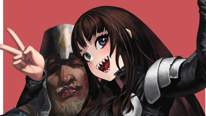 1boy 1girl :d armor arms_up black_shirt blonde_hair blood blood_on_face blue_eyes border breastplate brown_hair bruise bruise_on_face closed_eyes dark-skinned_male dark_skin facial_hair gemi_ningen hand_up hashtag helmet injury kenshi long_hair long_sleeves open_mouth red_background selfie sharp_teeth shirt short_hair shoulder_armor smile teeth v white_border